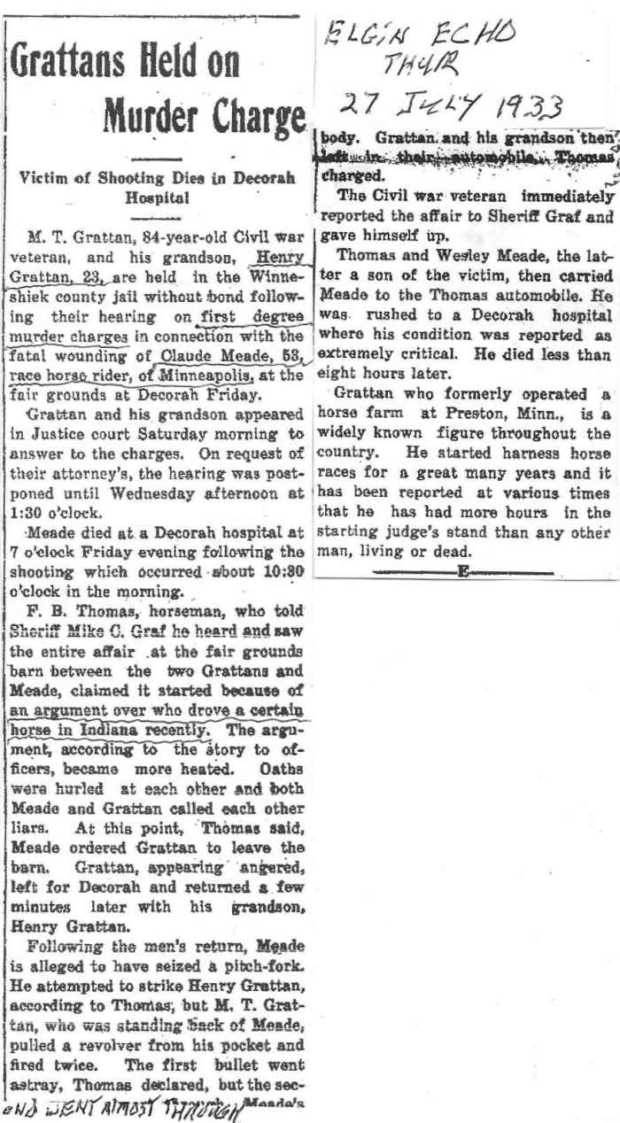 Meade Murder Elgin Echo Thursday July 27, 1933